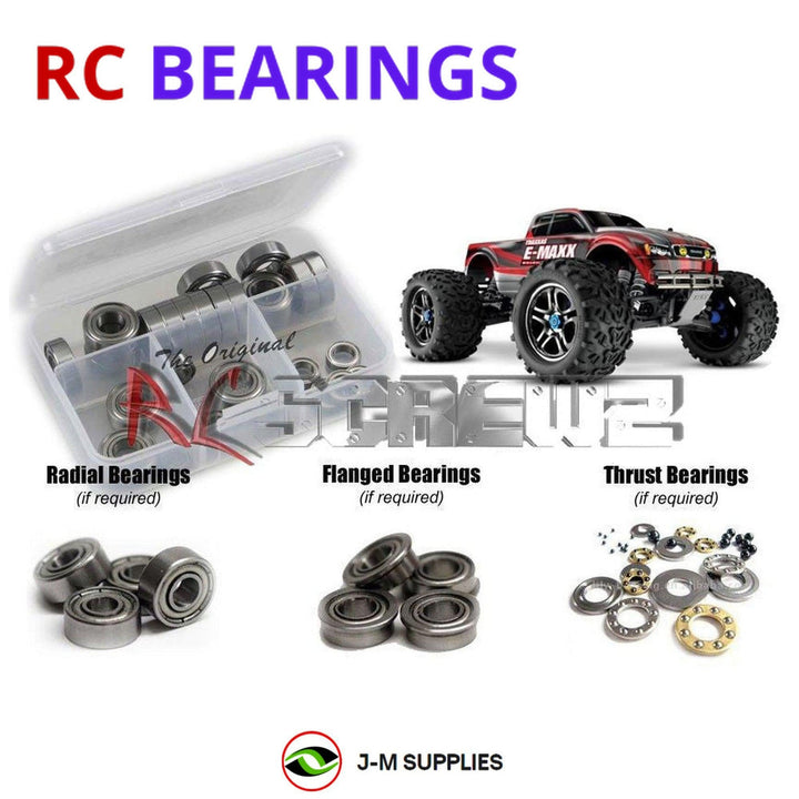 Representative image of an RCScrewZ metal-shielded bearing kit for Traxxas E-Maxx Brushless TSM 1/10 4WD MT (39087-3); exact bearing sizes and quantities vary by RC model.
