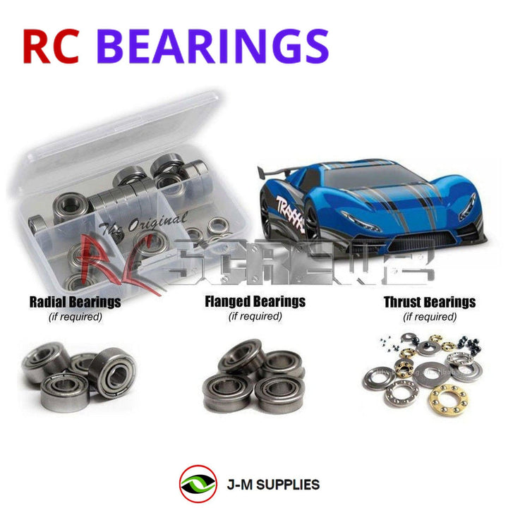 Representative image of an RCScrewZ metal-shielded bearing kit for Traxxas XO-1 AWD 1/7 Electric Supercar (64077-3); exact bearing sizes and quantities vary by RC model.