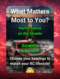 Infographic: 'What Matters Most to You? Performance on the Streets or Durability in the Dirt?' – Guides on selecting bearings to match your RC lifestyle, highlighting the importance of choosing based on whether your focus is speed on paved roads or resilience in off-road conditions - tra123b