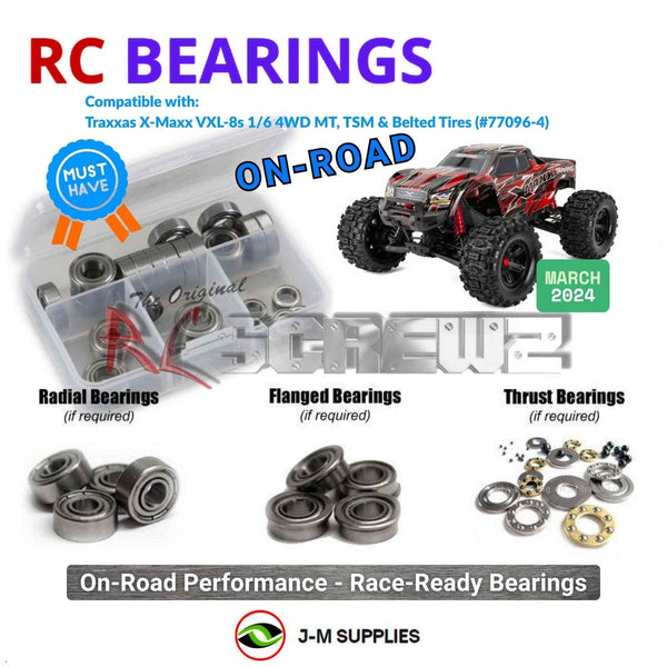 Representative image of an RCScrewZ metal-shielded bearing kit for Traxxas X-Maxx 8S Belted 1/6 MT (77096-4); exact bearing sizes and quantities vary by RC model.
