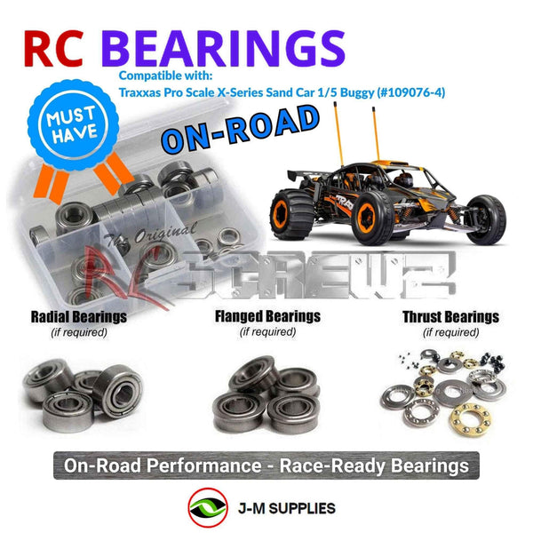 Representative image of an RCScrewZ metal-shielded bearing kit for Traxxas X-Series Sand Car 1/5 2WD Sand Rail (109076-4); exact bearing sizes and quantities vary by RC model.