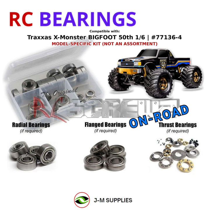 Representative image of an RCScrewZ metal-shielded bearing kit for Traxxas X-Monster BIGFOOT 50th 1/6 4WD MT (77136-4); exact bearing sizes and quantities vary by RC model.