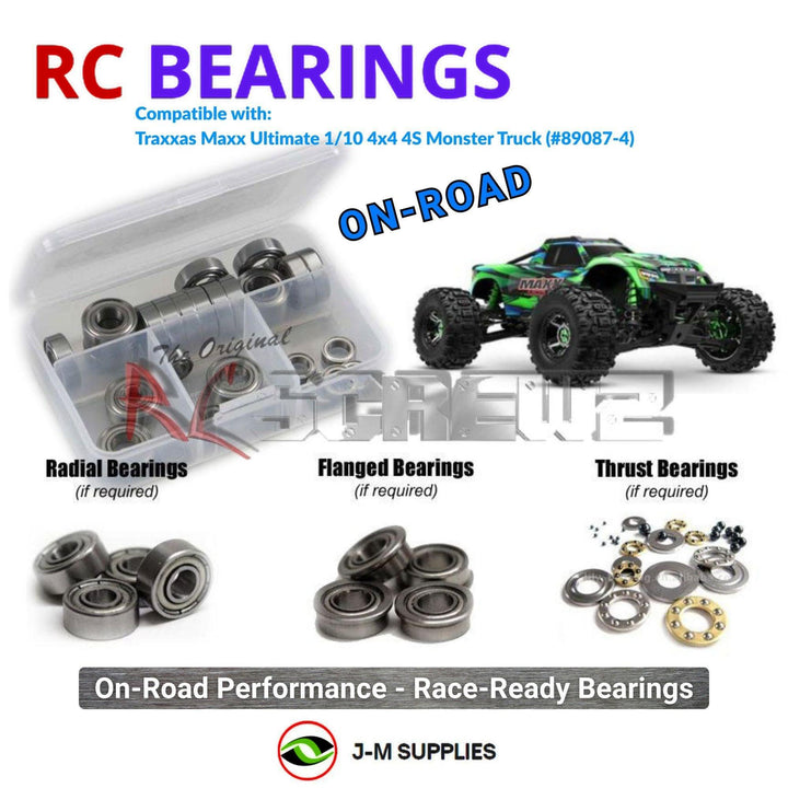 Representative image of an RCScrewZ metal-shielded bearing kit for Traxxas Maxx Ultimate VXL-4S 1/10 4WD MT (89087-4); exact bearing sizes and quantities vary by RC model.