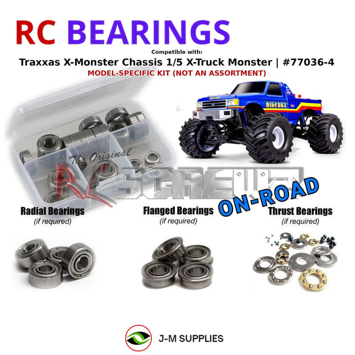 Representative image of an RCScrewZ metal-shielded bearing kit for Traxxas X-Monster Chassis VXL-8S 1/5 4WD MT (77036-4); exact bearing sizes and quantities vary by RC model.