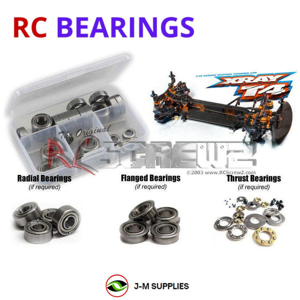 Representative image of an RCScrewZ metal-shielded bearing kit for XRAY T4 2015 #300021; exact bearing sizes and quantities vary by RC model.