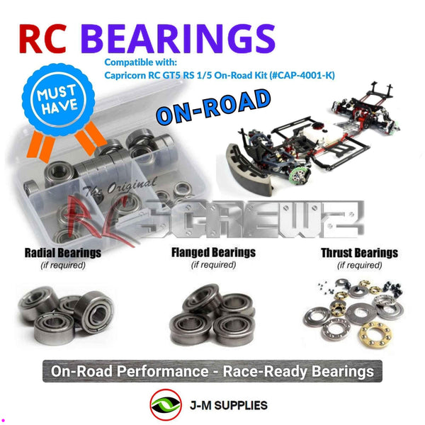 Representative image of an RCScrewZ metal-shielded bearing kit for Capricorn RC GT5 RS 1/5 On‑Road Kit (#CAP‑4001‑K); exact bearing sizes and quantities vary by RC model.
