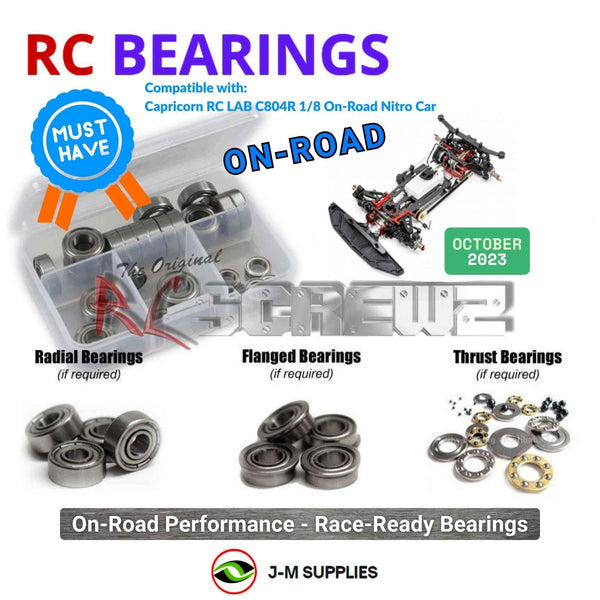 Representative image of an RCScrewZ metal-shielded bearing kit for Capricorn RC LAB C804R 1/8 On-Road Nitro Car; exact bearing sizes and quantities vary by RC model.