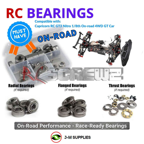Representative image of an RCScrewZ metal-shielded bearing kit for Capricorn RC GT2 Nitro 1/8th On-road 4WD GT Car; exact bearing sizes and quantities vary by RC model.
