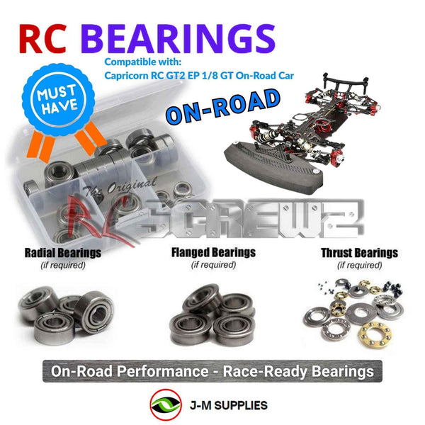 Representative image of an RCScrewZ metal-shielded bearing kit for Capricorn RC GT2 EP 1/8 GT On‑Road Car; exact bearing sizes and quantities vary by RC model.
