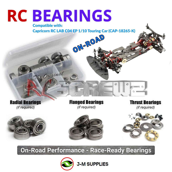 Representative image of an RCScrewZ metal-shielded bearing kit for Capricorn RC LAB C04 EP 1/10 Touring Car (CAP-18265-K); exact bearing sizes and quantities vary by RC model.
