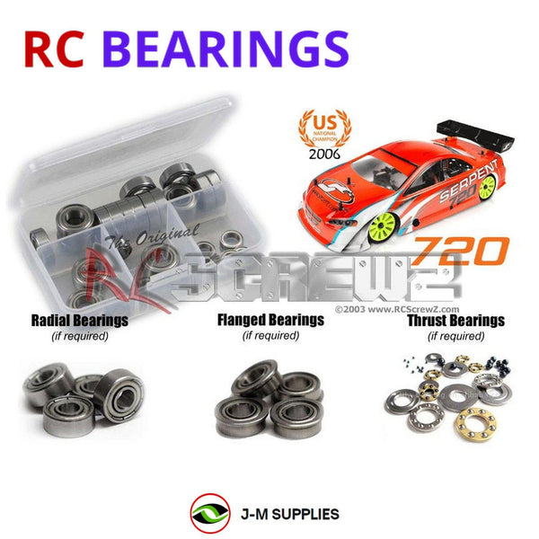 Representative image of an RCScrewZ metal-shielded bearing kit for Serpent 720 '08 1/10 200mm #803008; exact bearing sizes and quantities vary by RC model.