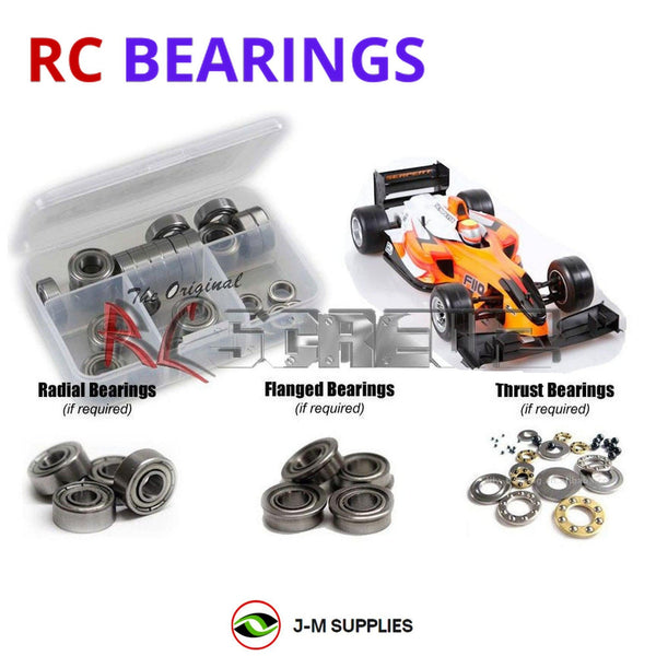 Representative image of an RCScrewZ metal-shielded bearing kit for Serpent F110 SF2 1/10 (#SER410061); exact bearing sizes and quantities vary by RC model.