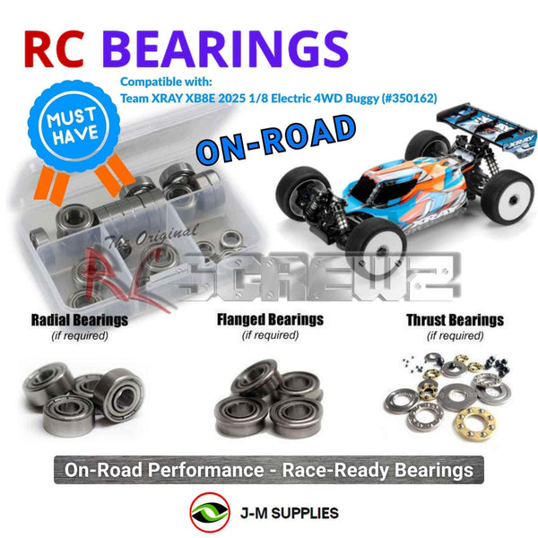Representative image of an RCScrewZ metal-shielded bearing kit for Team XRAY XB8E 2025 1/8th Electric 4WD Buggy (#350162); exact bearing sizes and quantities vary by RC model.