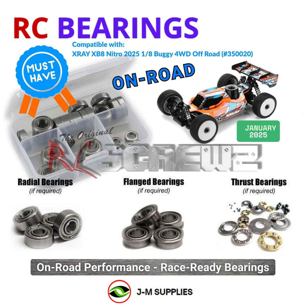 Representative image of an RCScrewZ metal-shielded bearing kit for XRAY XB8 Nitro 2025 1/8 Buggy 4WD Off Road (#350020); exact bearing sizes and quantities vary by RC model.