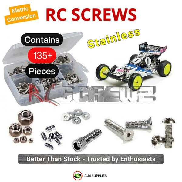 Representative image of an RCScrewZ stainless steel metric conversion screw kit for Team Associated RC10 World's Car 1/10 2WD Buggy (6002); exact kit contents vary by RC model.
