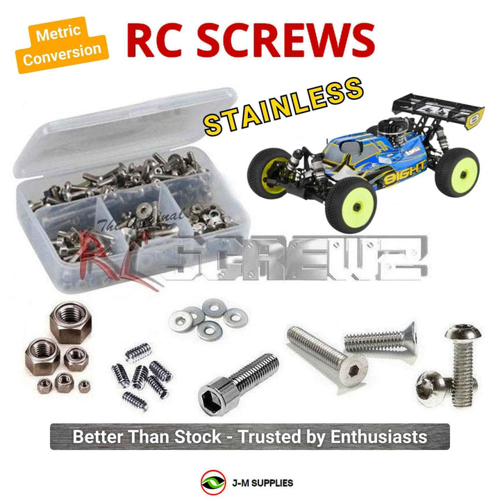Representative image of an RCScrewZ stainless steel metric conversion screw kit for Losi 8IGHT RTR 1/8 Nitro 4WD Off-Road Buggy (LOS04000); exact kit contents vary by RC model.