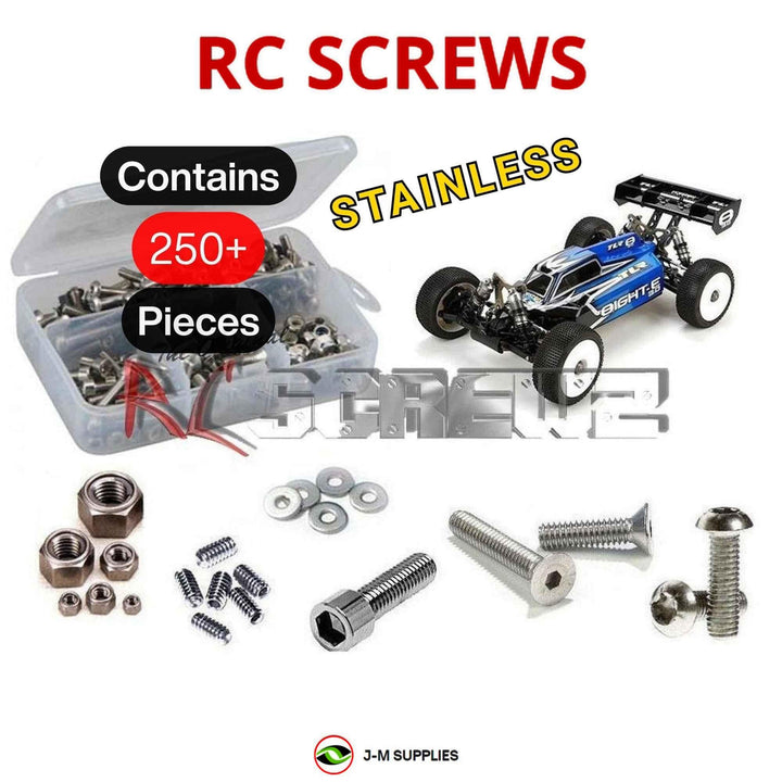 Representative image of an RCScrewZ stainless steel metric conversion screw kit for Losi TLR 8IGHT-E 3.0 1/8 Electric 4WD Buggy (TLR04002); exact kit contents vary by RC model.