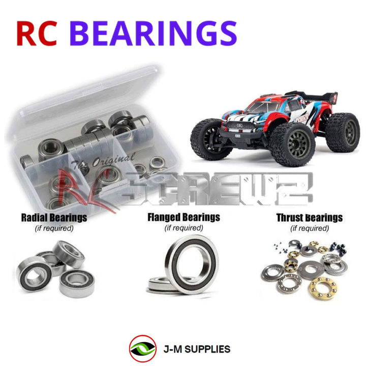Representative image of an RCScrewZ rubber-sealed bearing kit for ARRMA VORTEKS 3S BLX 1/10 Electric 4WD Stadium (ARA4305V3); exact bearing sizes and quantities vary by RC model.