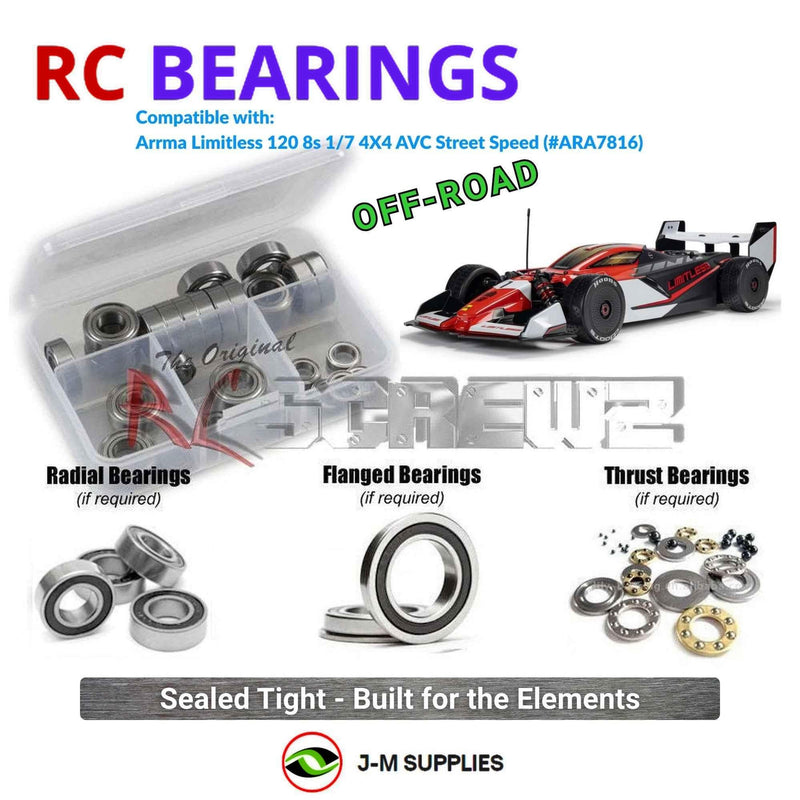 Representative image of an RCScrewZ rubber-sealed bearing kit for ARRMA LIMITLESS 120 8S BLX 1/7 4WD Street Speed (ARA7816); exact bearing sizes and quantities vary by RC model.