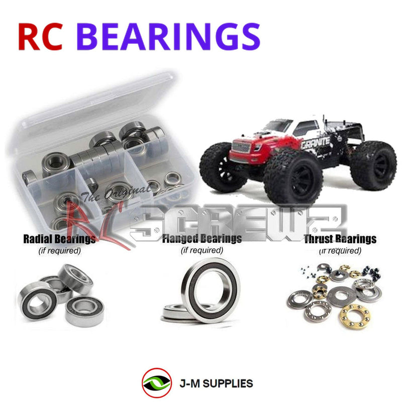 Representative image of an RCScrewZ rubber-sealed bearing kit for ARRMA Granite BLS 1/10 2WD Monster Truck (AR102615); exact bearing sizes and quantities vary by RC model.