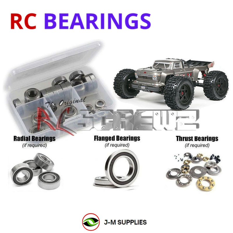 Representative image of an RCScrewZ rubber-sealed bearing kit for ARRMA OUTCAST 6S BLX 1/8 4WD Stunt Truck (ARA106021); exact bearing sizes and quantities vary by RC model.