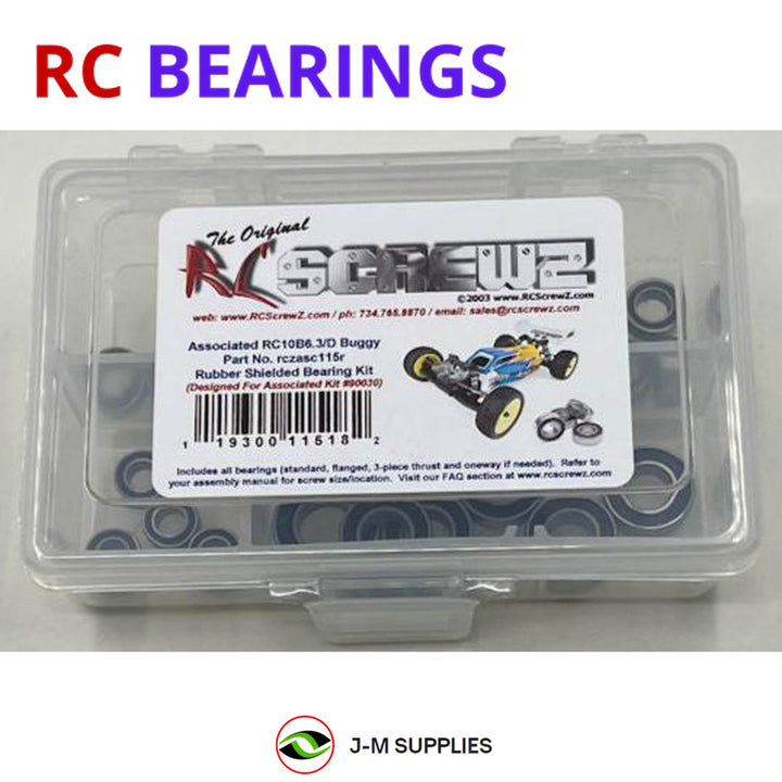 Representative image of an RCScrewZ rubber-sealed bearing kit for Team Associated RC10B6.3/B6.3D 1/10 Buggy (90030, 90029); exact bearing sizes and quantities vary by RC model.