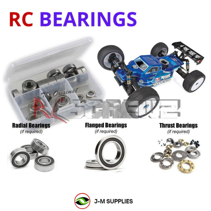 Representative image of an RCScrewZ rubber-sealed bearing kit for Team Associated RC8T4 1/8 4WD Truggy (80947); exact bearing sizes and quantities vary by RC model.