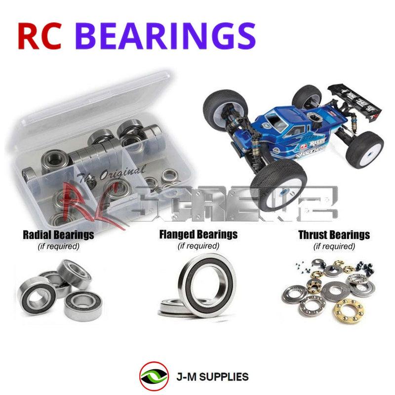 Representative image of an RCScrewZ rubber-sealed bearing kit for Team Associated RC8T4 1/8 Nitro 4WD Truggy (80947); exact bearing sizes and quantities vary by RC model.