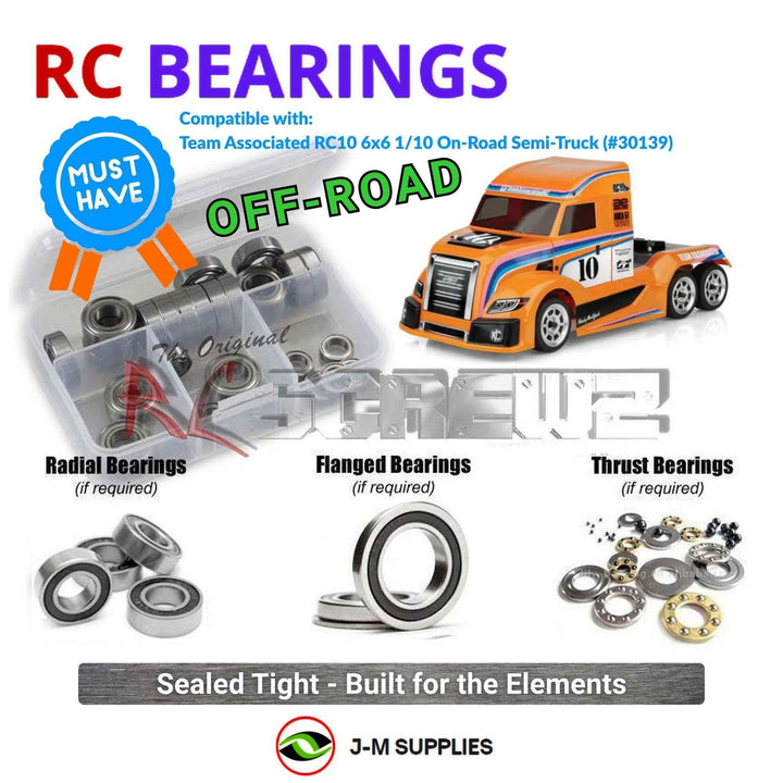 Representative image of an RCScrewZ rubber-sealed bearing kit for Team Associated RC10 6x6 Semi 1/10 Electric Truck (30139); exact bearing sizes and quantities vary by RC model.