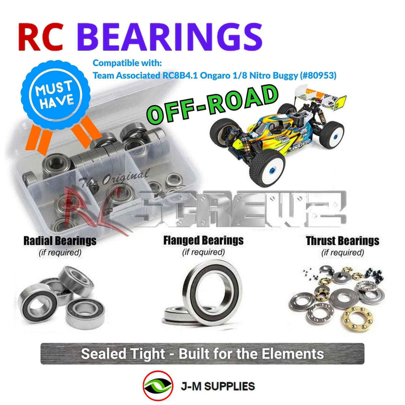 Representative image of an RCScrewZ rubber-sealed bearing kit for Team Associated RC8B4.1 Ongaro 1/8 Nitro Buggy (80953); exact bearing sizes and quantities vary by RC model.