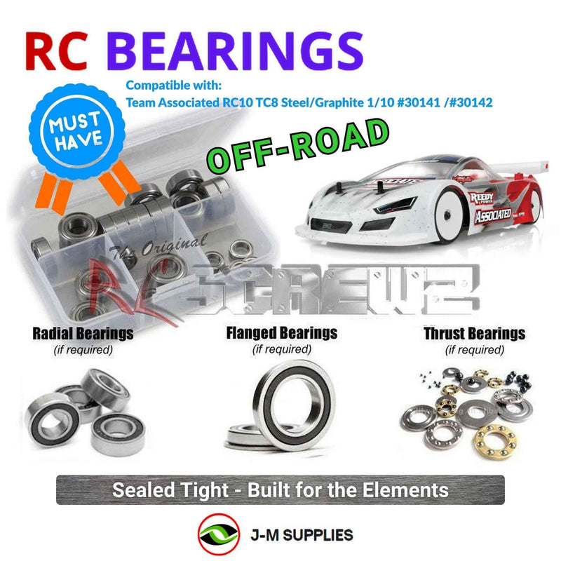 Representative image of an RCScrewZ rubber-sealed bearing kit for Team Associated RC10TC8 1/10 4WD Touring Car (30141, 30142); exact bearing sizes and quantities vary by RC model.