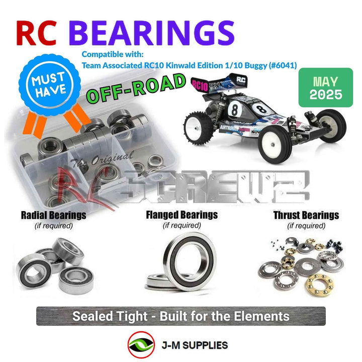 Representative image of an RCScrewZ rubber-sealed bearing kit for Team Associated RC10 Kinwald 1/10 2WD Buggy (6041); exact bearing sizes and quantities vary by RC model.