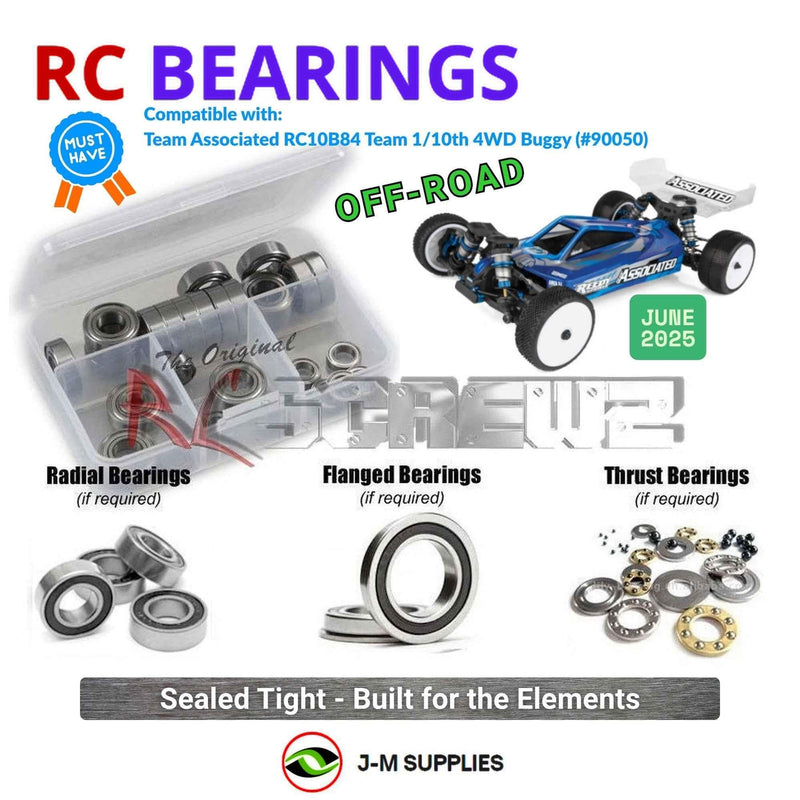 Representative image of an RCScrewZ rubber-sealed bearing kit for Team Associated RC10B84 1/10 4WD Buggy (90050, ASC90050); exact bearing sizes and quantities vary by RC model.