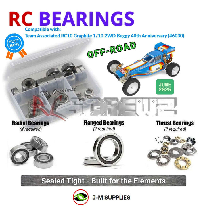 Representative image of an RCScrewZ rubber-sealed bearing kit for Team Associated RC10 Graphite 1/10 2WD Buggy (6030, ASC6030); exact bearing sizes and quantities vary by RC model.