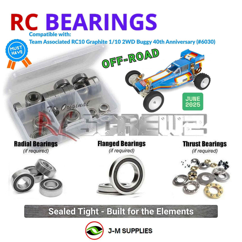 Representative image of an RCScrewZ rubber-sealed bearing kit for Team Associated RC10 Graphite 1/10 2WD Buggy (6030, ASC6030); exact bearing sizes and quantities vary by RC model.