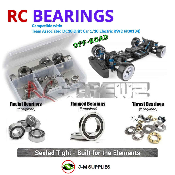 Representative image of an RCScrewZ rubber-sealed bearing kit for Team Associated DC10 Drift 1/10 Electric RWD Car (30134, 30133); exact bearing sizes and quantities vary by RC model.