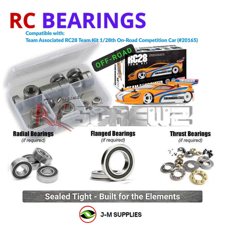 Representative image of an RCScrewZ rubber-sealed bearing kit for Team Associated RC28 1/28 2WD Micro Car (20165, ASC20165); exact bearing sizes and quantities vary by RC model.