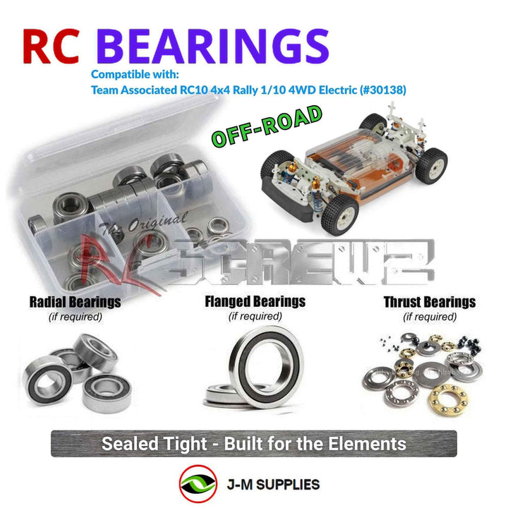 Representative image of an RCScrewZ rubber-sealed bearing kit for Team Associated RC10 Rally 1/10 4WD Rally (30138, ASC30138); exact bearing sizes and quantities vary by RC model.