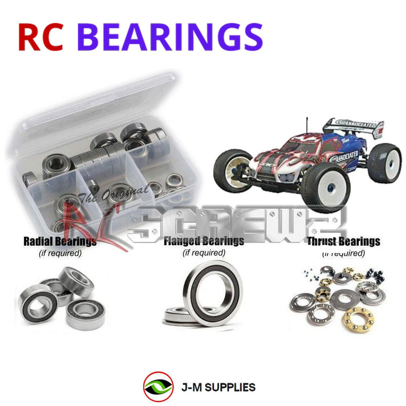 Representative image of an RCScrewZ rubber-sealed bearing kit for Team Associated RC8T Factory 1/8 Nitro 4WD Truggy (80910, 80915); exact bearing sizes and quantities vary by RC model.