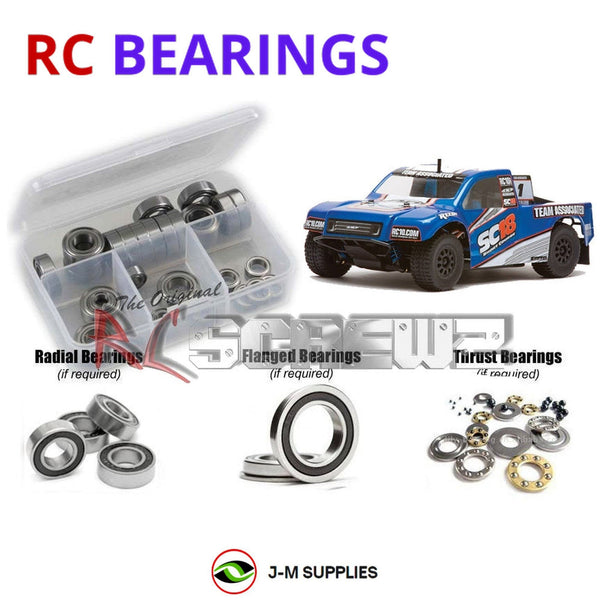 Representative image of an RCScrewZ rubber-sealed bearing kit for Team Associated SC18 RTR 1/18 Electric 4WD (20120, 20121); exact bearing sizes and quantities vary by RC model.