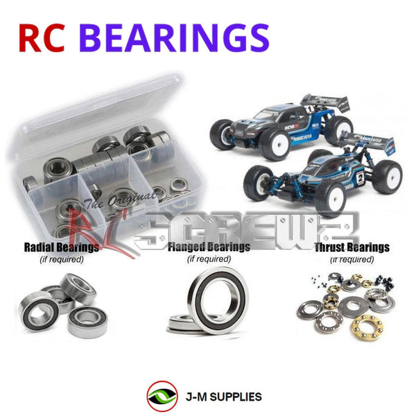 Representative image of an RCScrewZ rubber-sealed bearing kit for Team Associated RC18T2/RC18B2 1/18 4WD Truck/Buggy (20103); exact bearing sizes and quantities vary by RC model.