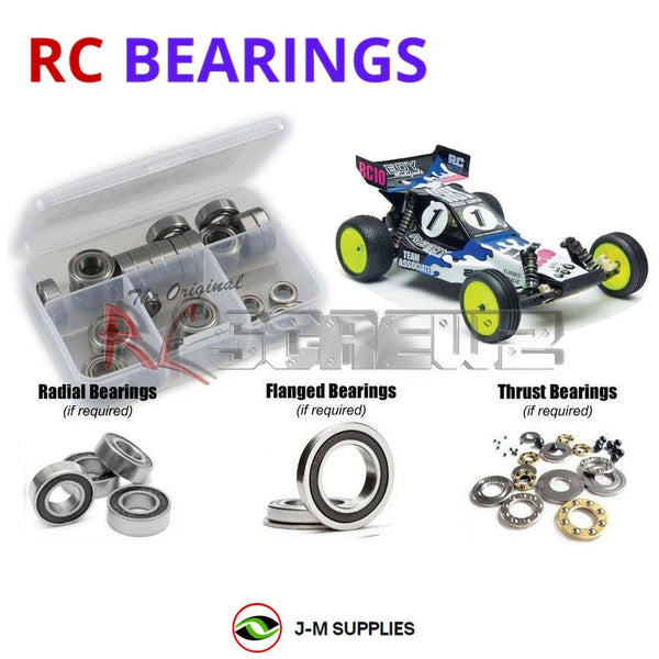 Representative image of an RCScrewZ rubber-sealed bearing kit for Team Associated RC10 World's Car 1/10 2WD Buggy (6002); exact bearing sizes and quantities vary by RC model.