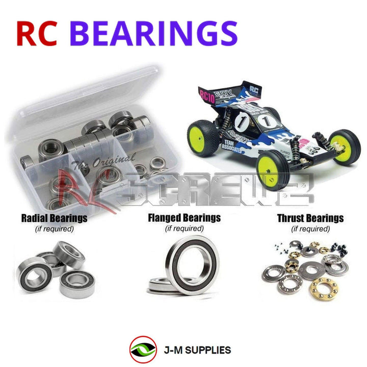 Representative image of an RCScrewZ rubber-sealed bearing kit for Team Associated RC10 World's Car 1/10 2WD Buggy (6002); exact bearing sizes and quantities vary by RC model.