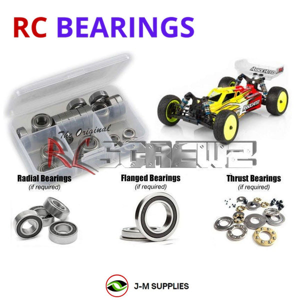 Representative image of an RCScrewZ rubber-sealed bearing kit for Team Associated RC10B64D 1/10 4WD Dirt Buggy (90015); exact bearing sizes and quantities vary by RC model.