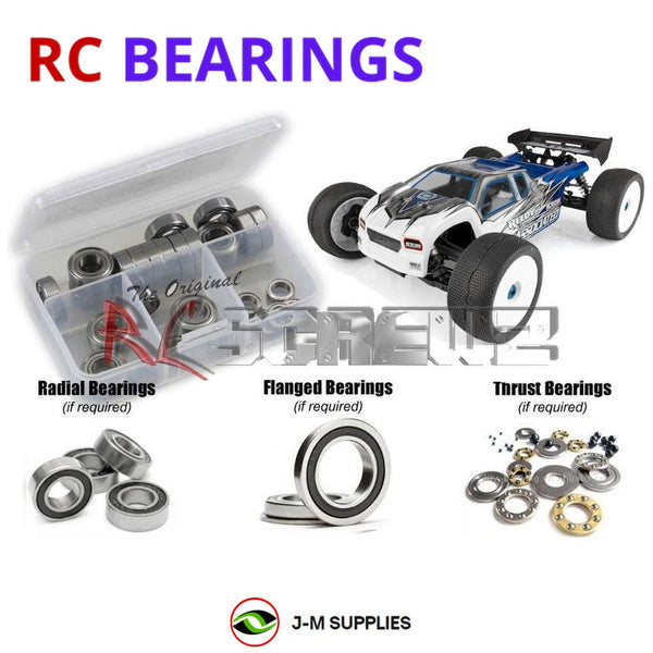 Representative image of an RCScrewZ rubber-sealed bearing kit for Team Associated RC8T3.1e 1/8 Electric 4WD Truggy (80938); exact bearing sizes and quantities vary by RC model.