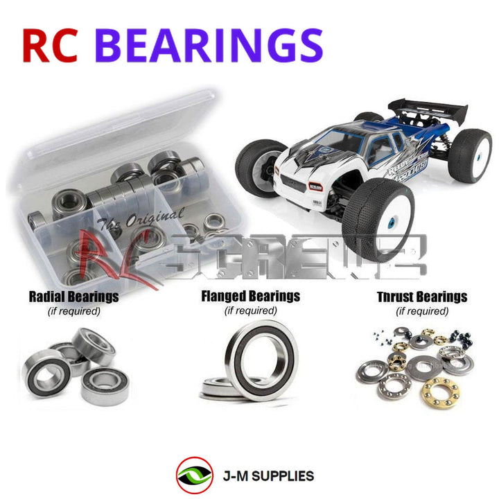 Representative image of an RCScrewZ rubber-sealed bearing kit for Team Associated RC8T3.1e 1/8 Electric 4WD Truggy (80938); exact bearing sizes and quantities vary by RC model.