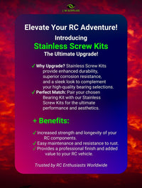 Elevate Your RC Adventure! Image introducing Stainless Screw Kits as the Ultimate Upgrade. Offers enhanced durability, superior corrosion resistance, and a sleek look, making them a top choice for complementing high-quality bearing selections. Trusted by RC enthusiasts worldwide - ass091r