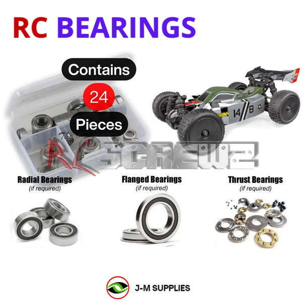 Representative image of an RCScrewZ rubber-sealed bearing kit for Team Associated 14B 1/14 Electric 4WD Buggy (20175, 20175C); exact bearing sizes and quantities vary by RC model.