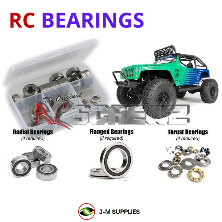 Representative image of an RCScrewZ rubber-sealed bearing kit for Axial SCX10 Jeep G6 Falken 1/10 4WD Crawler (90036); exact bearing sizes and quantities vary by RC model.