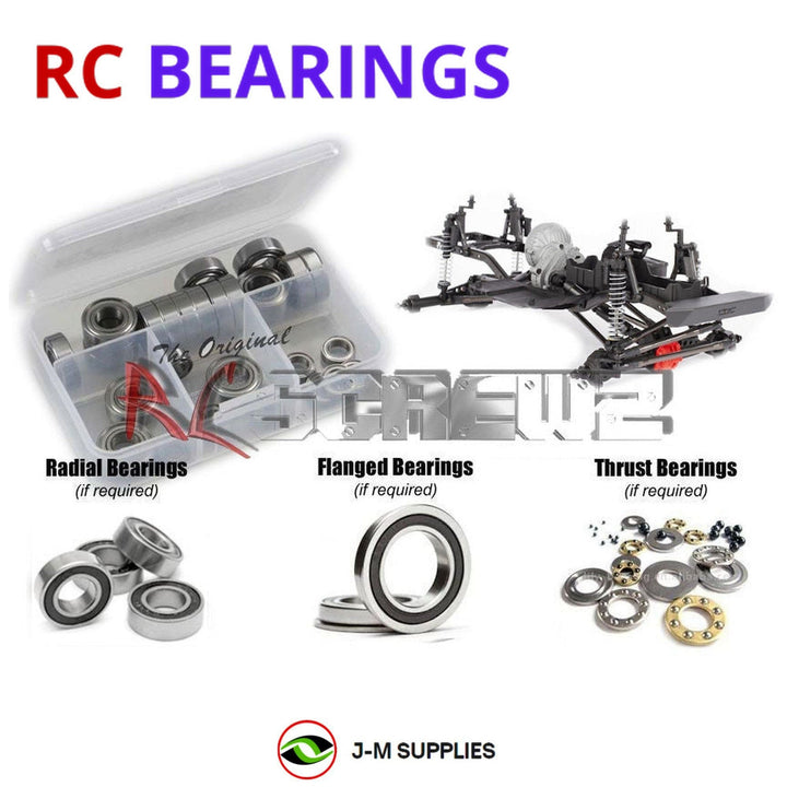 Representative image of an RCScrewZ rubber-sealed bearing kit for Axial SCX10 II Raw Builder 1/10 Electric 4WD (90104); exact bearing sizes and quantities vary by RC model.
